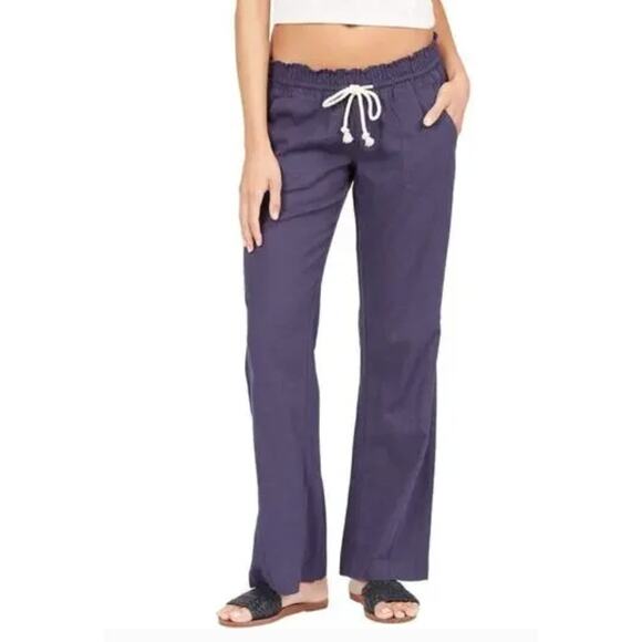 Roxy Oceanside Linen Blend Wide Leg Lounge Low Rise Boho Pants Gray Small - Picture 1 of 6